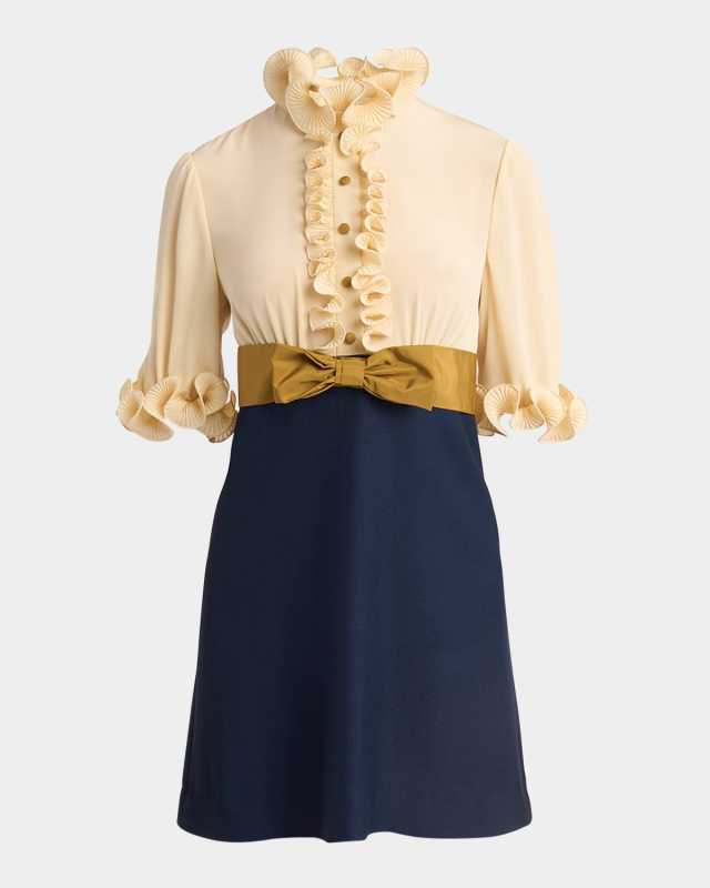 Colorblock High Neck Ruffle Mini Dress with Bow Detail
